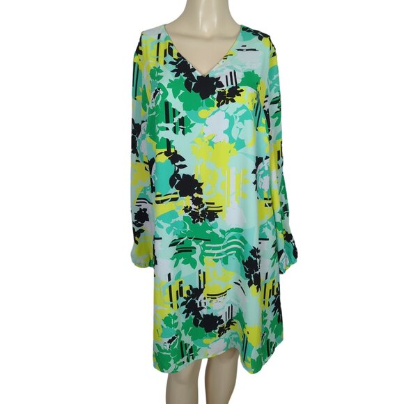 KAARI Blue V-Neck Long keyhole Sleeve yellow green abstract print Dress Size L - Picture 2 of 16